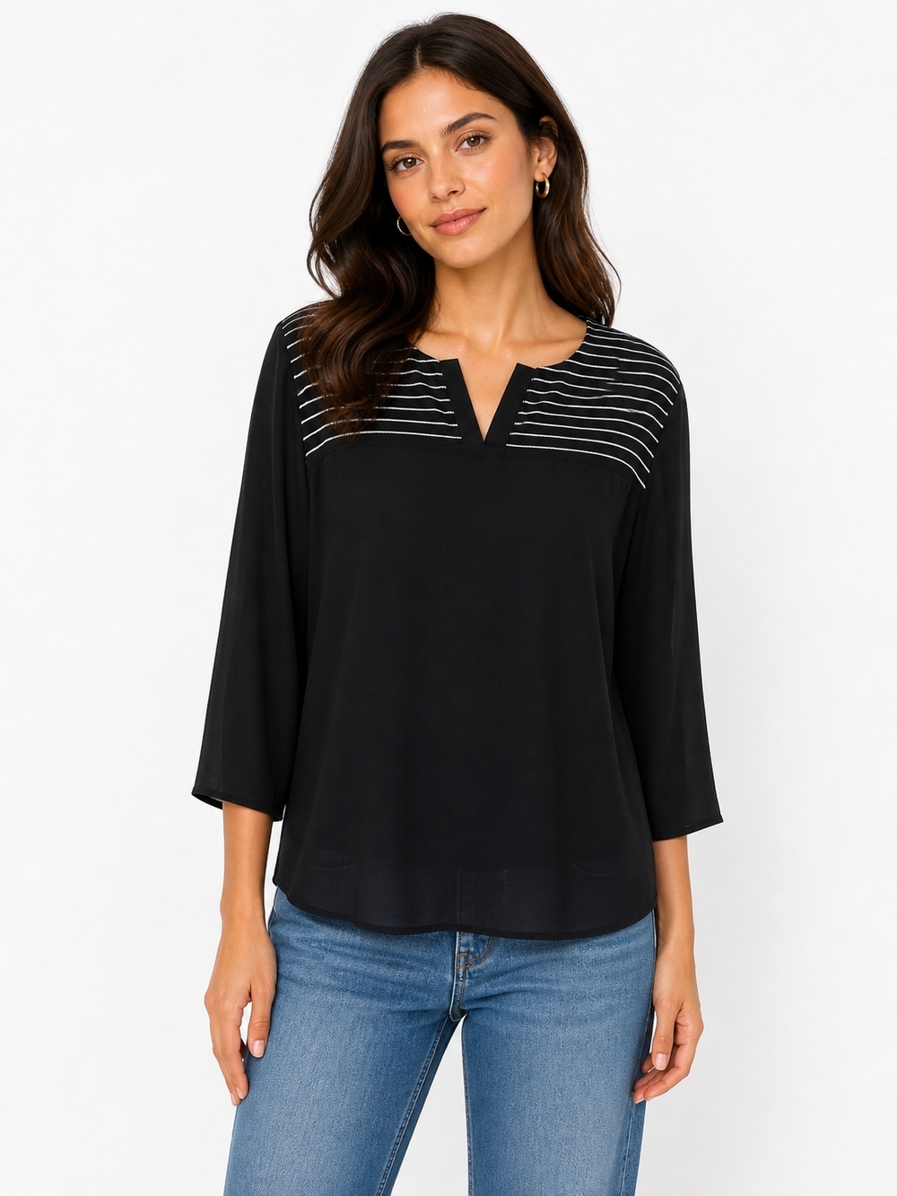 Source Unknown Black Top with White Striped Yoke